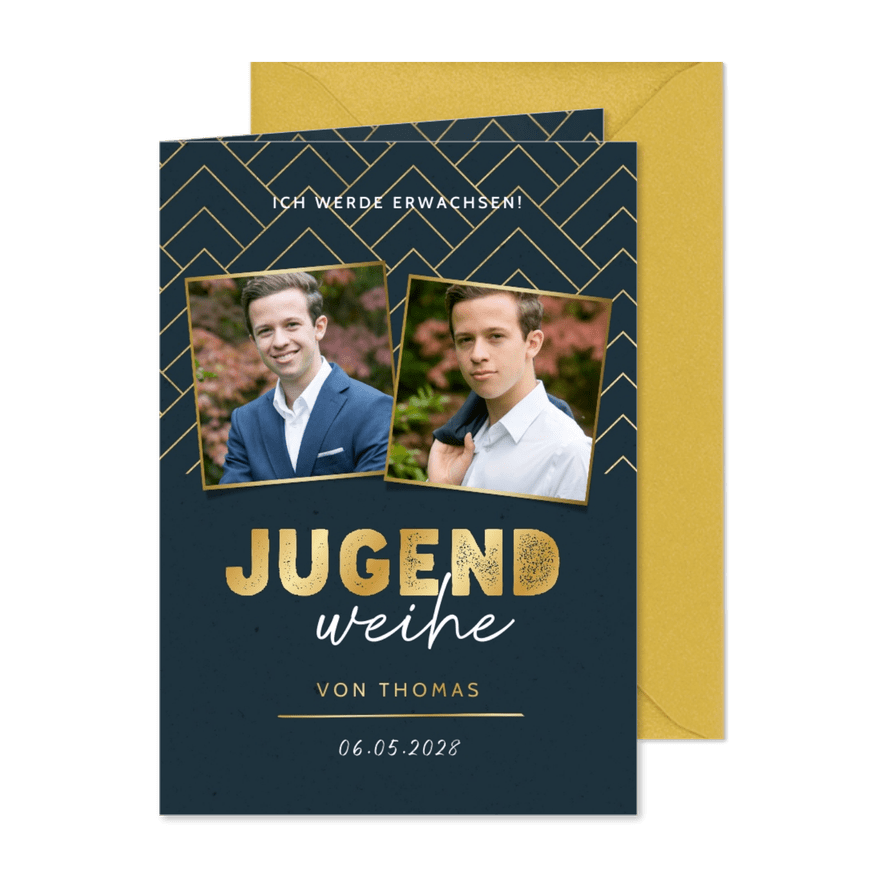 Einladung Jugendweihe Fotos grafisch blau - Karteneindruck
