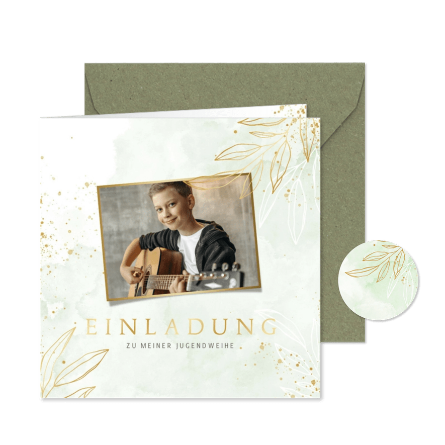 Einladung Jugendweihe grünes Aquarell & Gold - Karteneindruck