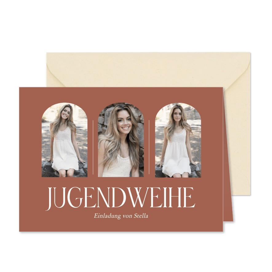 Einladung Jugendweihe rotbraun Fotoserie in Bogenfenster - Karteneindruck
