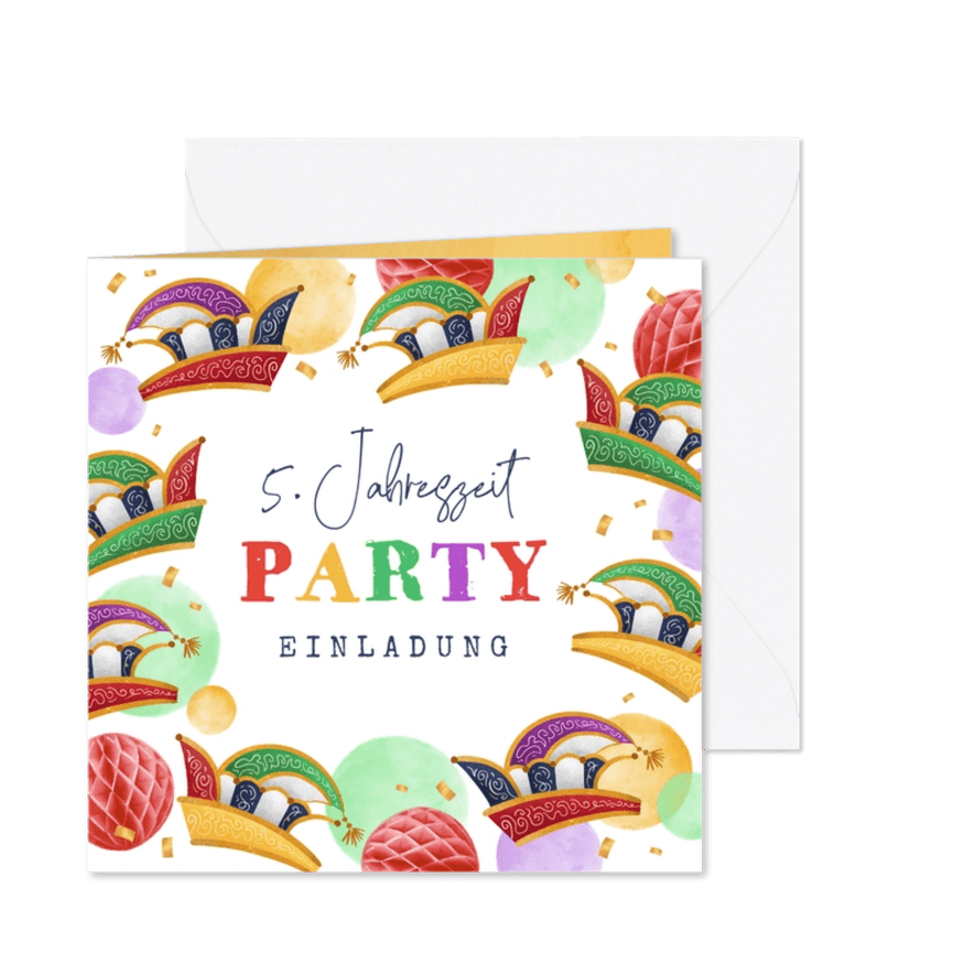 Einladung Karnevalsfeier bunte Komiteehüte - Karteneindruck