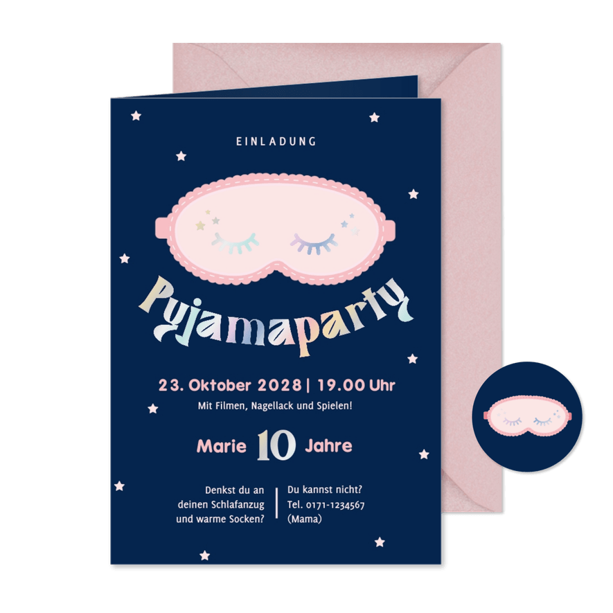 Einladung Kinder 10. Geburtstag Pyjamaparty Schlafmaske - Karteneindruck
