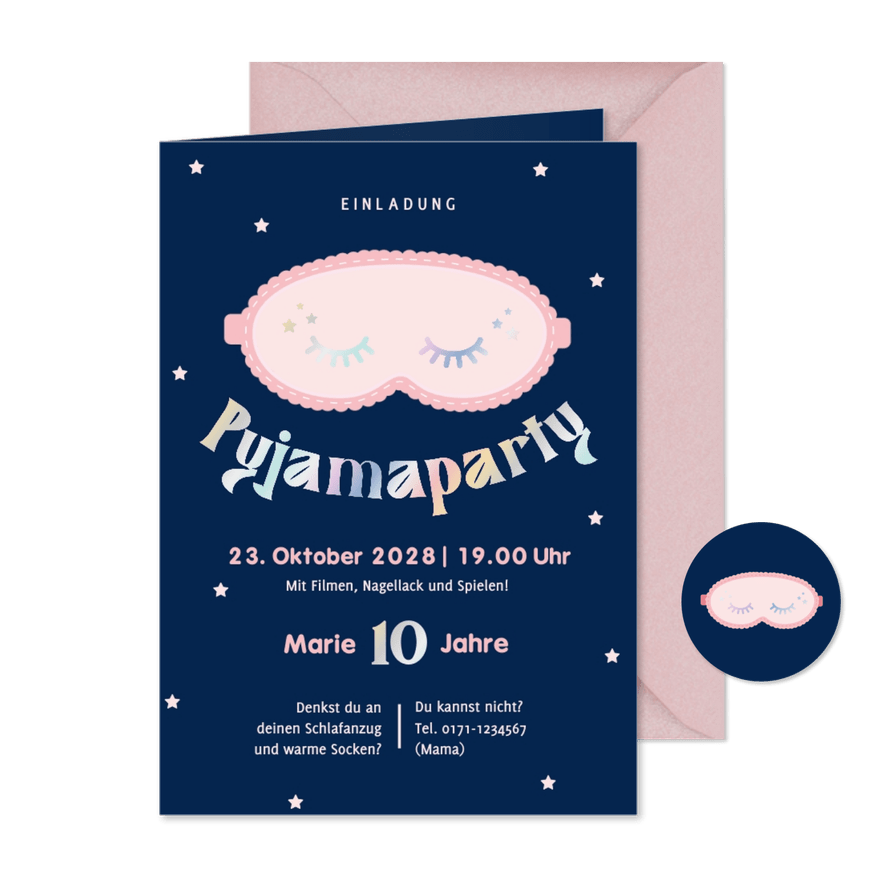 Einladung Kinder 10. Geburtstag Pyjamaparty Schlafmaske - Karteneindruck