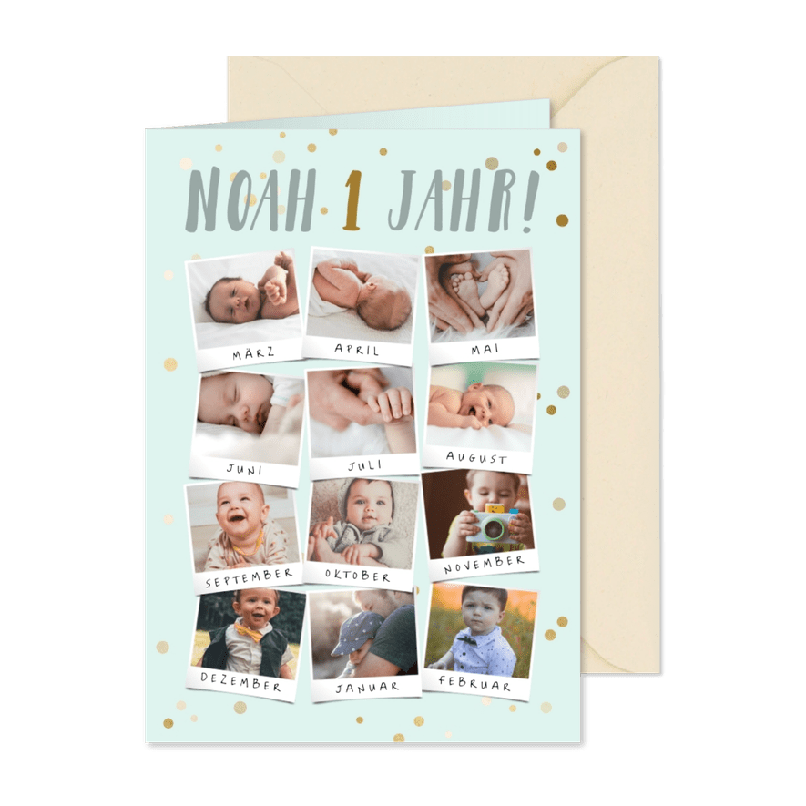 Einladung Kindergeburtstag 12 Monate hellblau Fotocollage - Karteneindruck