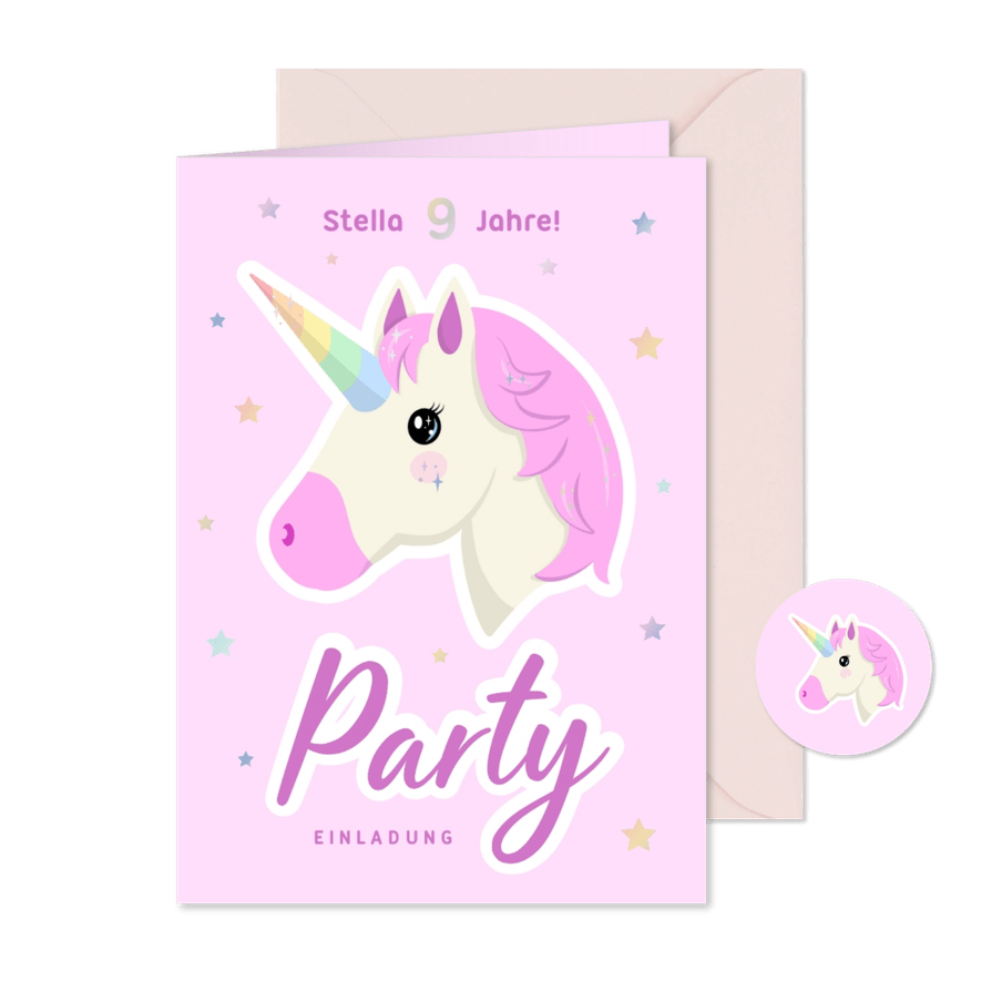 Einladung Kindergeburtstag 9 Jahre Unicorn Emoji - Karteneindruck