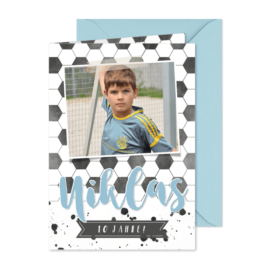 Einladung Kindergeburtstag blau Fußballhintergrund mit Foto - Karteneindruck