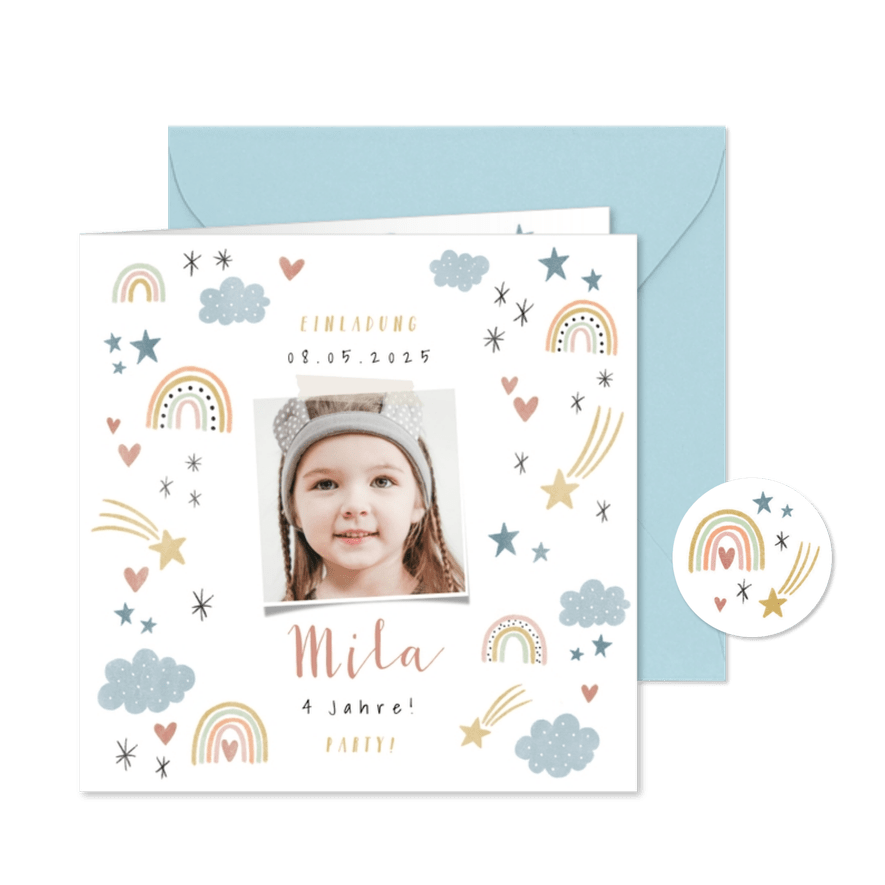 Einladung Kindergeburtstag eigenes Foto, Regenbogen & Sterne - Karteneindruck