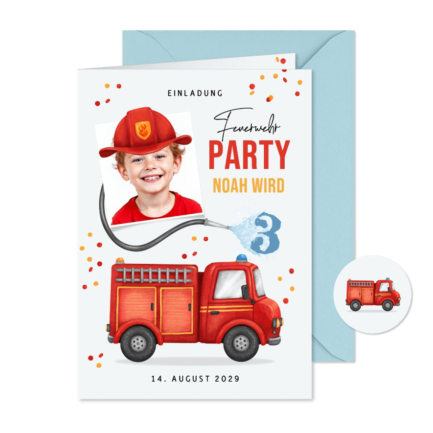 Einladung Kindergeburtstag Feuerwehr 3 Jahre - Karteneindruck
