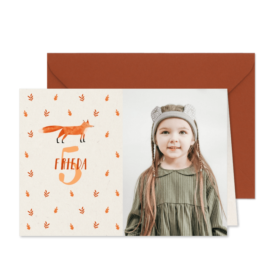 Einladung Kindergeburtstag Foto, herbstliches Muster & Fuchs - Kartenvorschau
