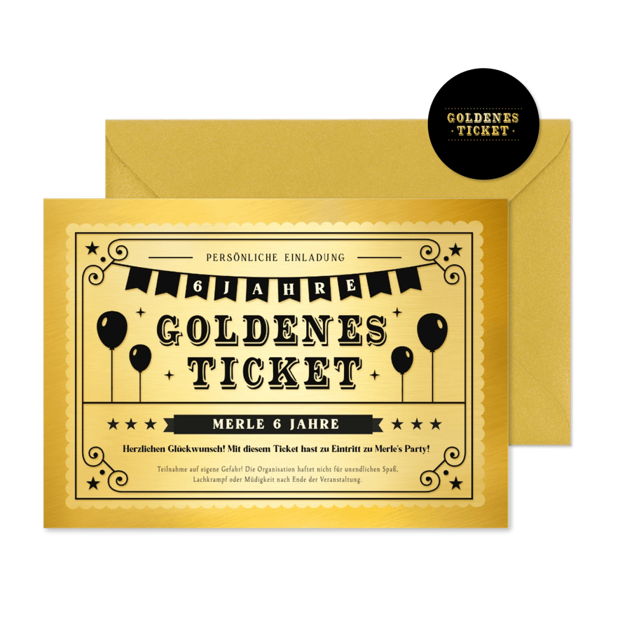 Einladung Kindergeburtstag Goldenes Ticket 6 Jahre - Kartenvorschau
