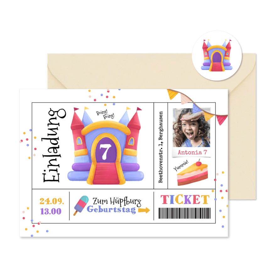 Einladung Kindergeburtstag Hüpfburg - Karteneindruck
