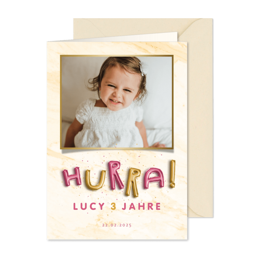 Einladung Kindergeburtstag HURRA Luftballonschrift Mädchen - Karteneindruck