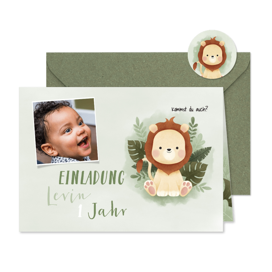Einladung Kindergeburtstag kleiner Löwe und Foto 1 Jahr - Karteneindruck