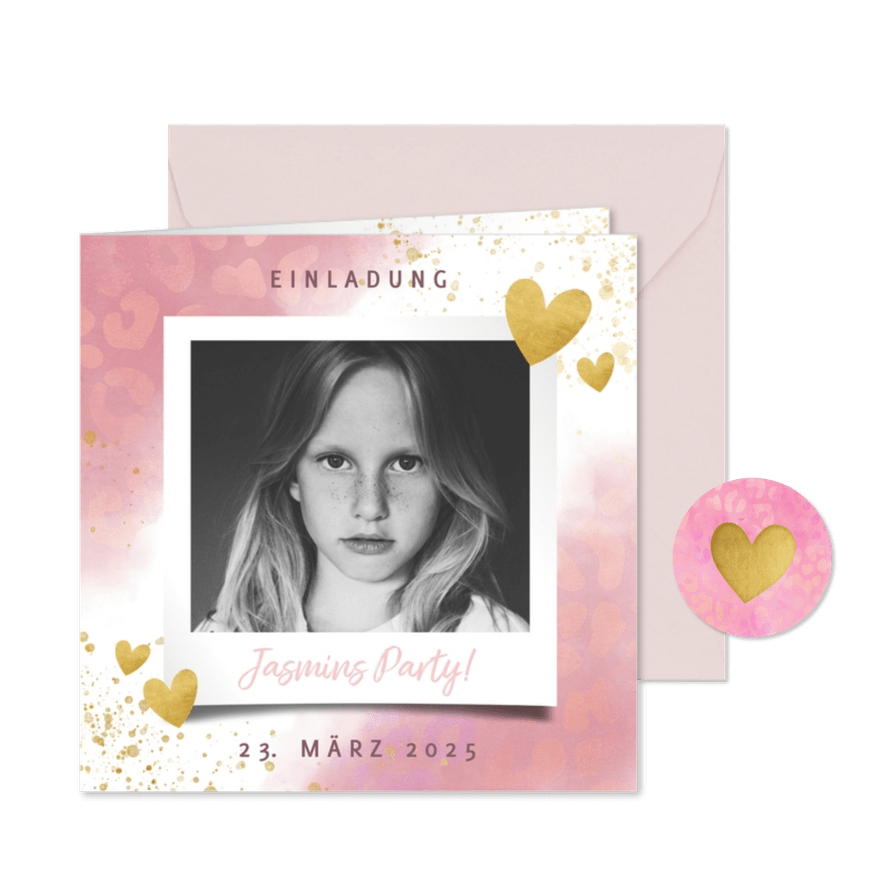 Einladung Kindergeburtstag mit Herzen und Fotos - Karteneindruck