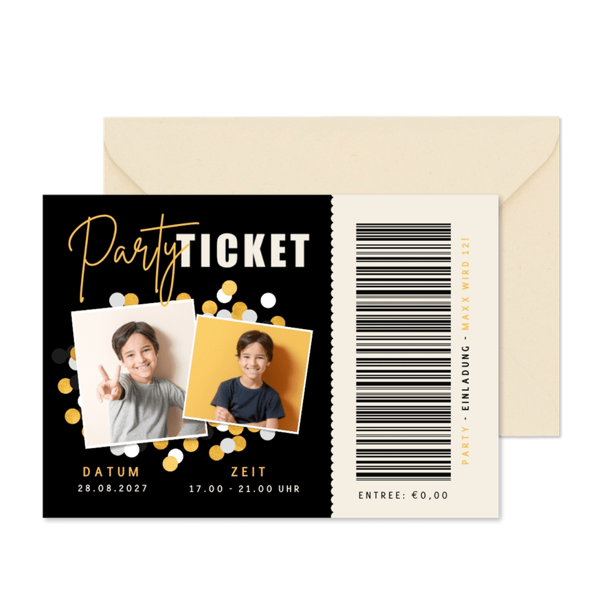 Einladung Kindergeburtstag Partyticket jungen - Karteneindruck