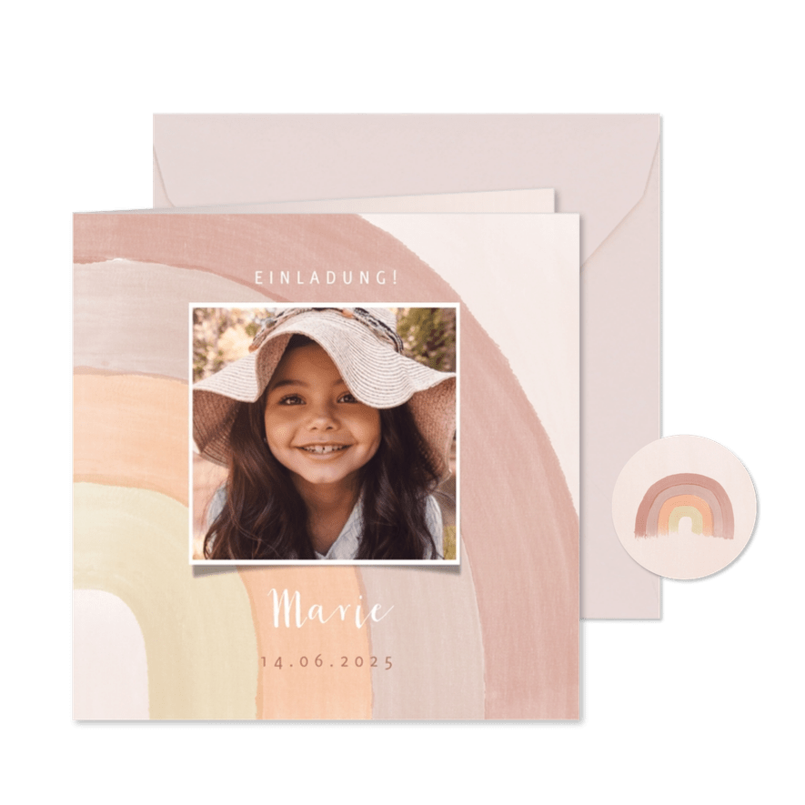 Einladung Kindergeburtstag Pastell Regenbogen & Foto - Karteneindruck
