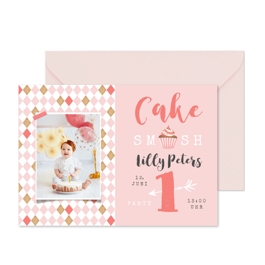 Einladung Kindergeburtstag Rauten mit Foto 1 Jahr - Karteneindruck