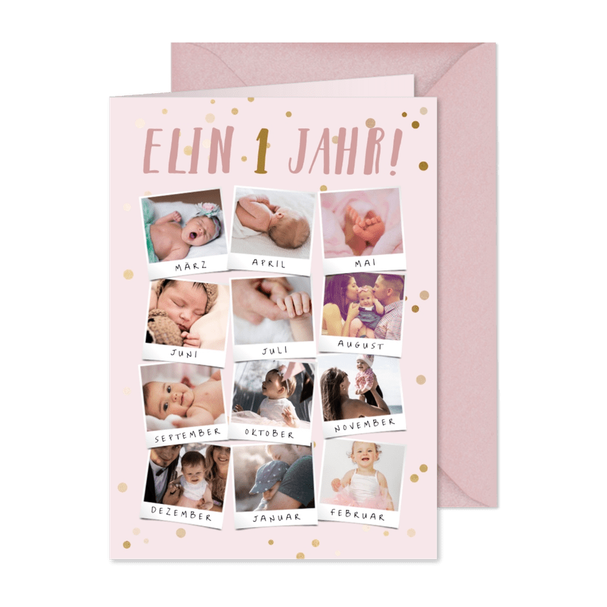 Einladung Kindergeburtstag rosa 12 Monate Fotocollage - Karteneindruck