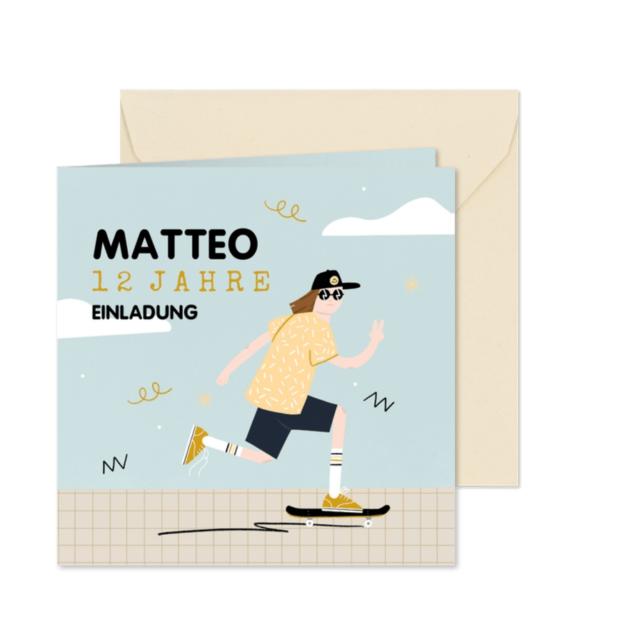 Einladung Kindergeburtstag Skateboard 12 Jahre - Karteneindruck