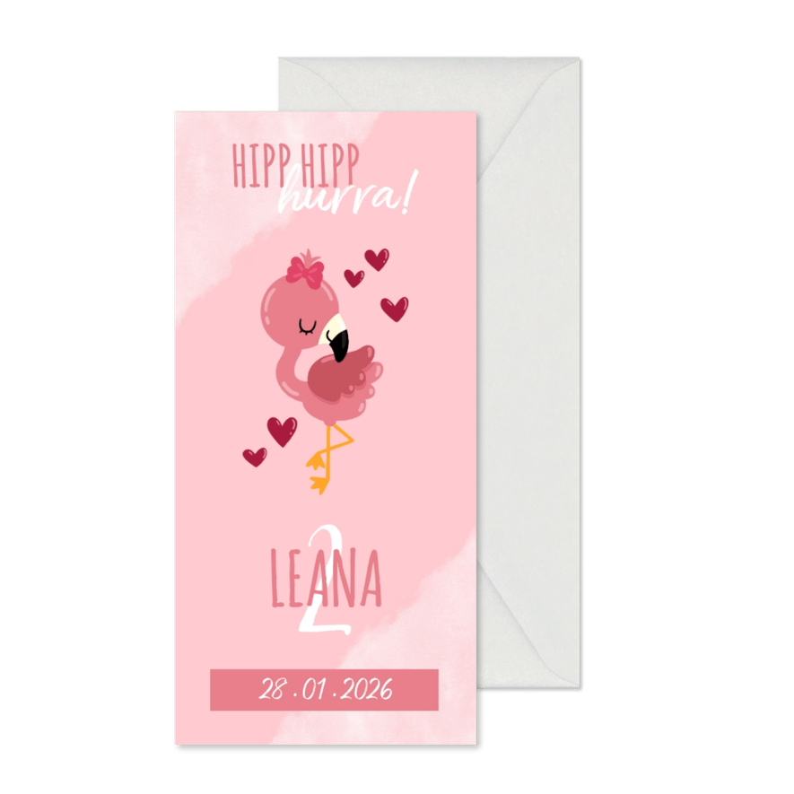 Einladung Kindergeburtstag Wasserfarbe, Flamingo und Herzen - Karteneindruck
