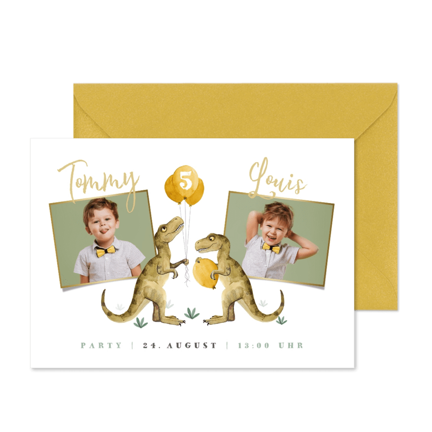 Einladung Kindergeburtstag Zwillinge eigene Fotos und Dinos - Karteneindruck