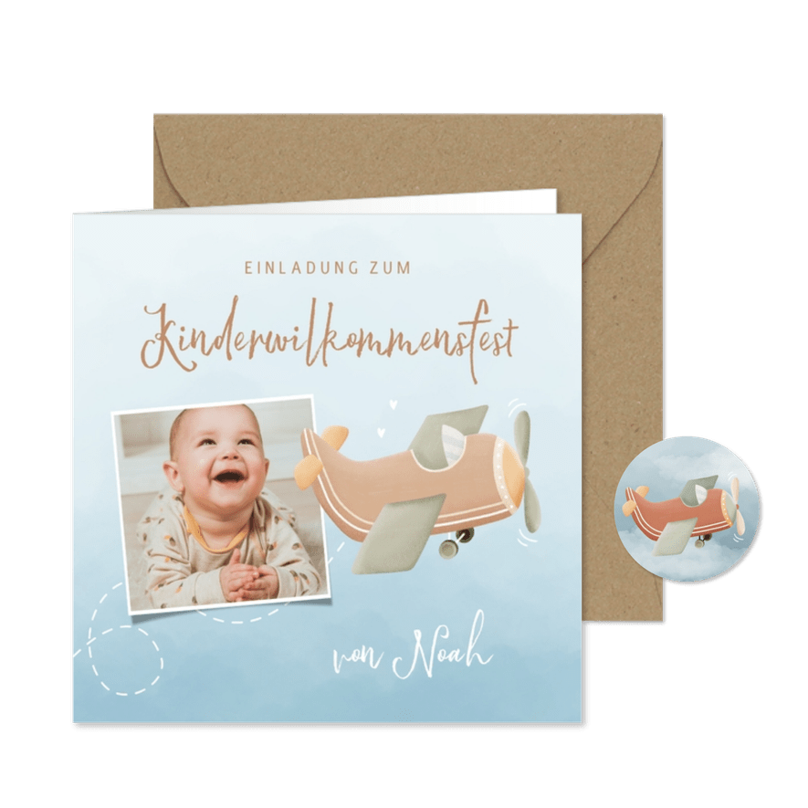 Einladung Kinderwillkommensfest Foto und Flugzeug - Karteneindruck