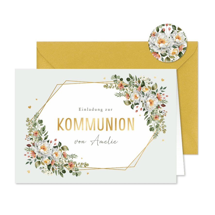 Einladung Kommunion Blumenbukett Golddruck - Kartenvorschau