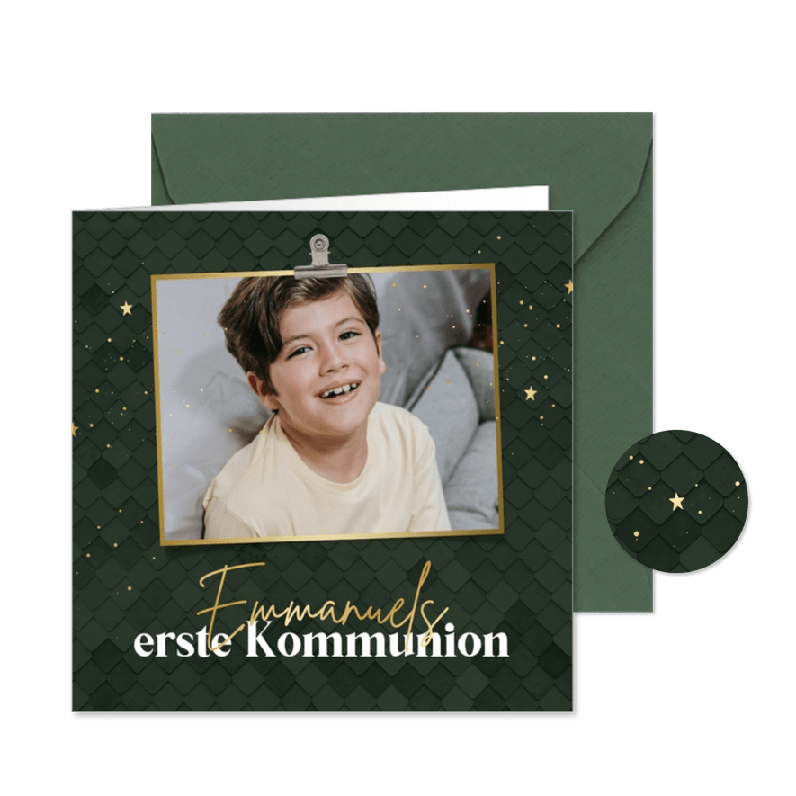 Einladung Kommunion dunkelgrün, Foto & Gold - Karteneindruck