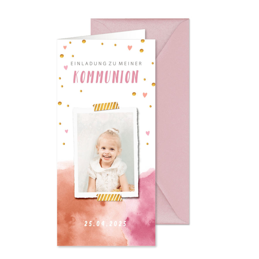 Einladung Kommunion Foto auf Wasserfarbe rosa - Karteneindruck
