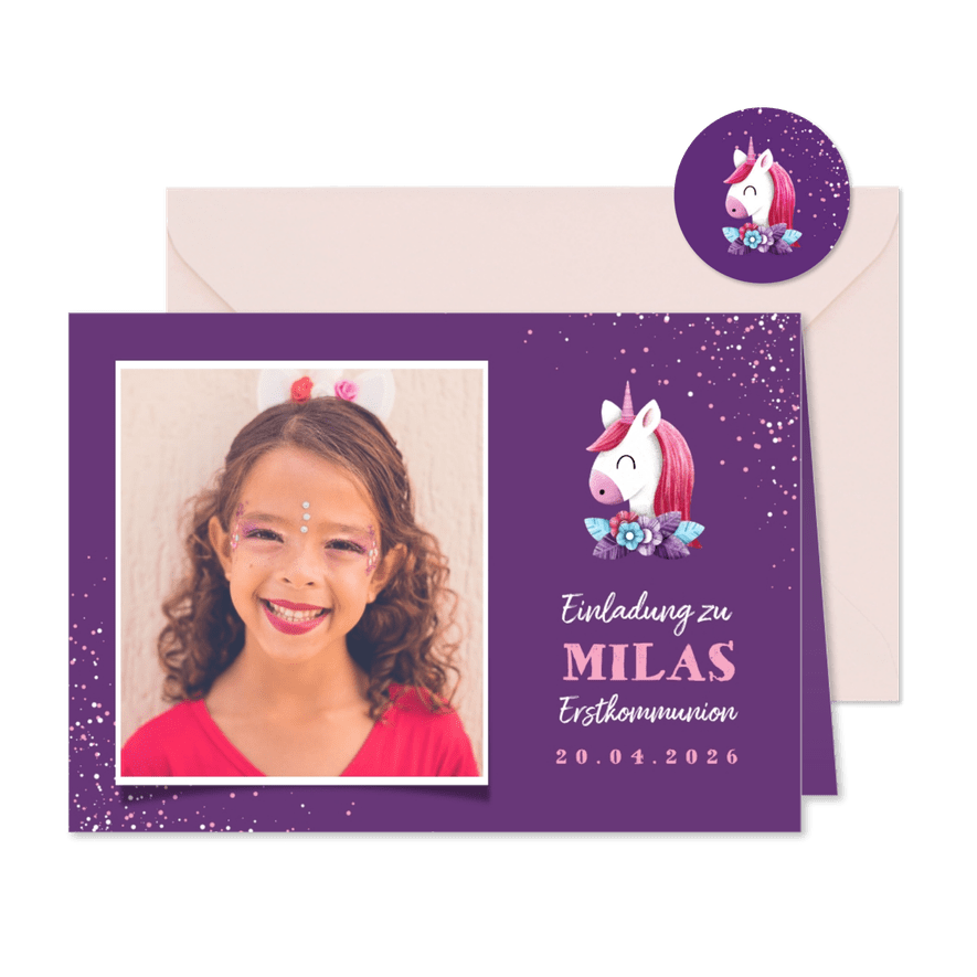 Einladung Kommunion Foto, Einhorn Mädchen - Karteneindruck
