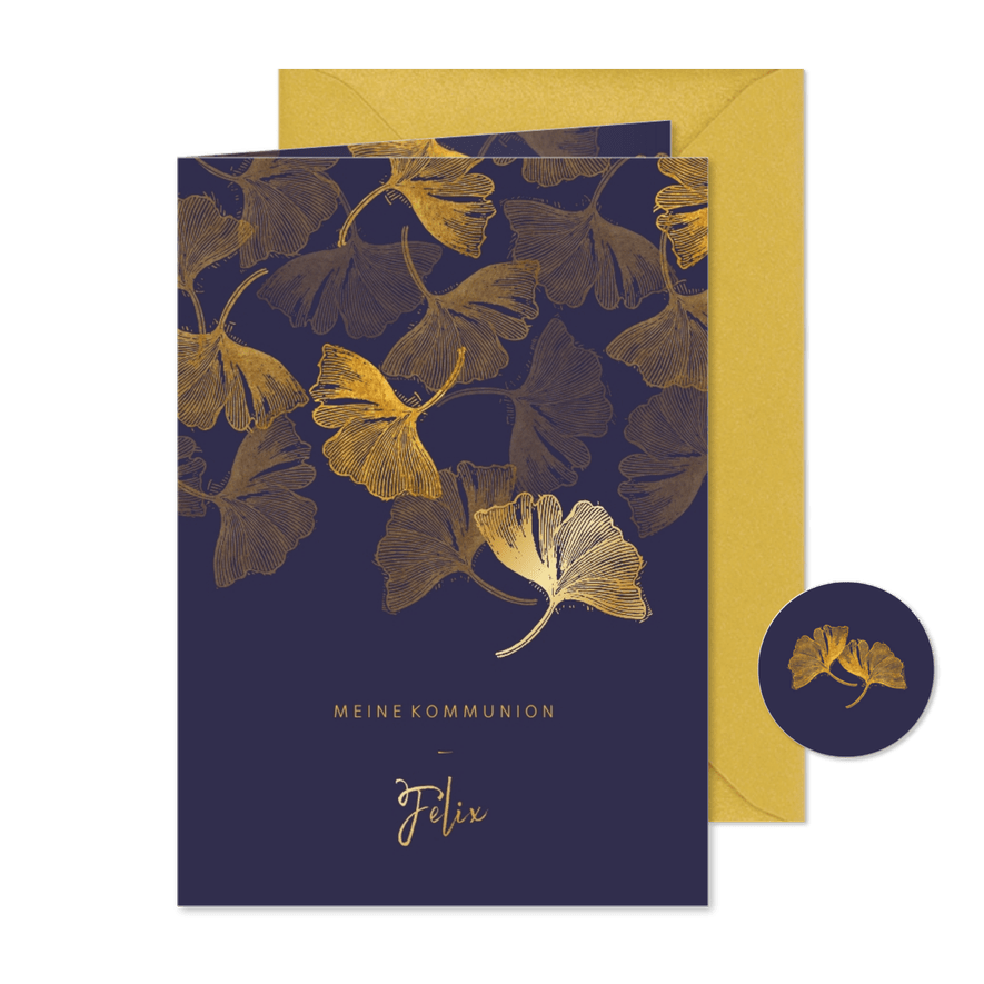 Einladung Kommunion Foto innen Stempel blau Ginkgoblätter - Karteneindruck