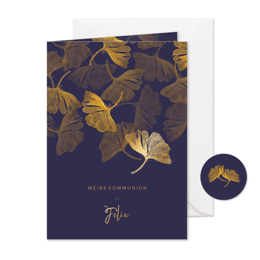 Einladung Kommunion Foto innen Stempel blau Ginkgoblätter - Karteneindruck
