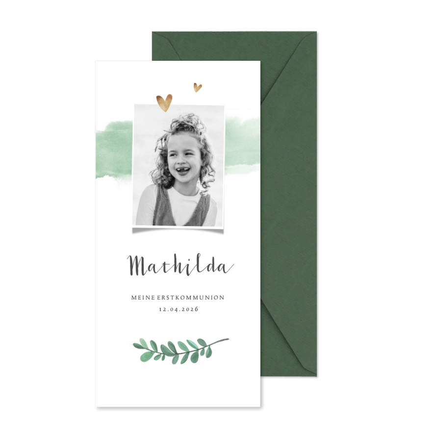 Einladung Kommunion Foto, Wasserfarbe, Herz & Palmwedel - Karteneindruck
