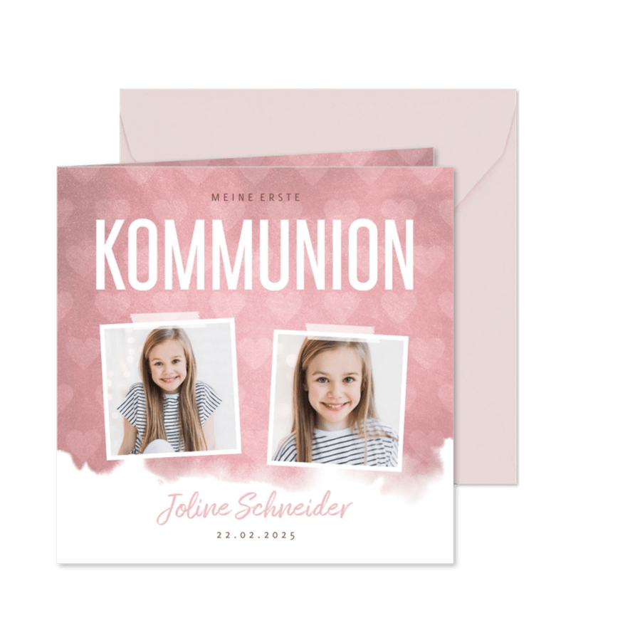 Einladung Kommunion Fotos, Herzen und Wasserfarbe - Karteneindruck