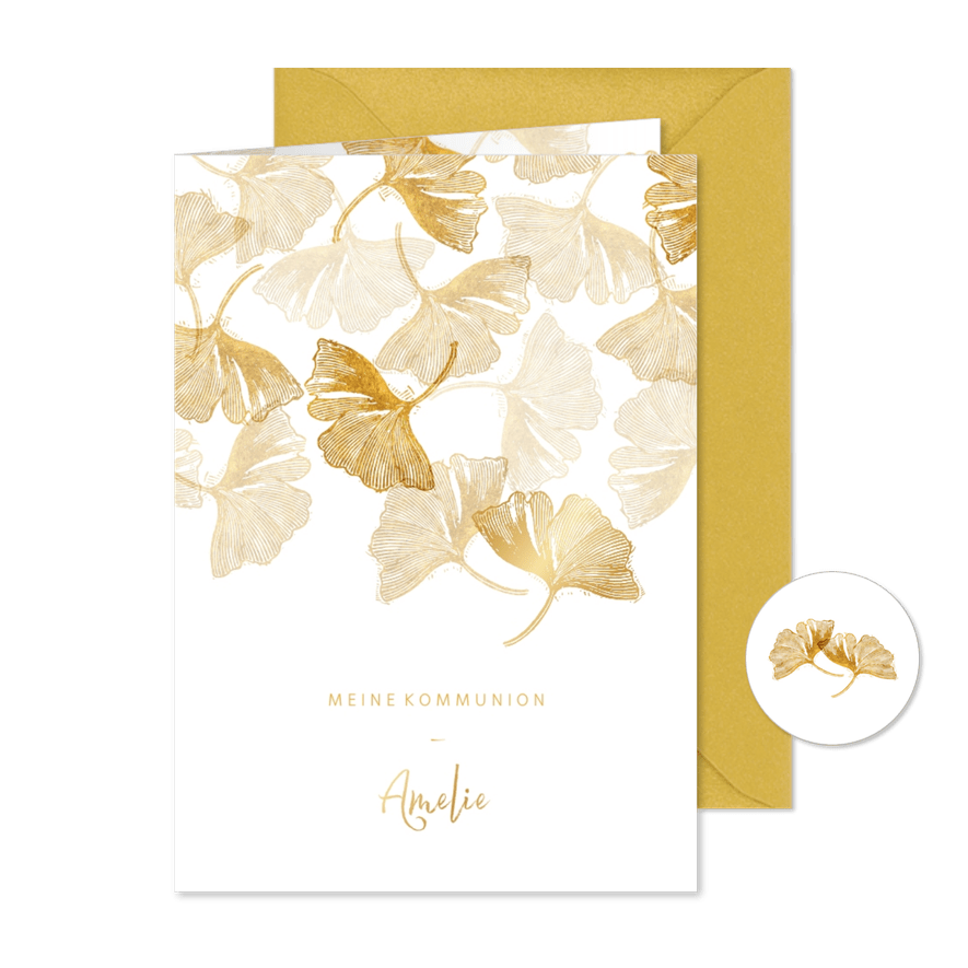 Einladung Kommunion Ginkgoblätter Stempel weiß Foto innen - Karteneindruck