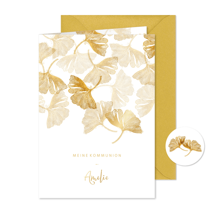 Einladung Kommunion Ginkgoblätter Stempel weiß Foto innen - Karteneindruck