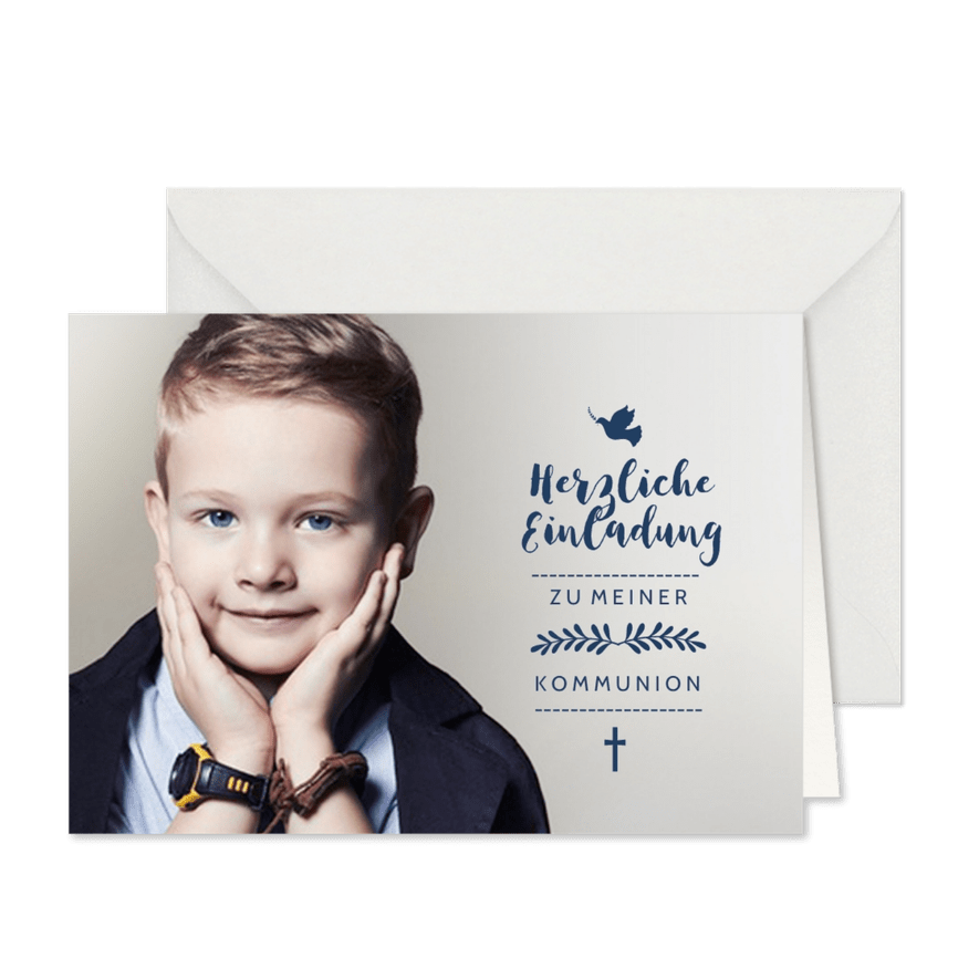 Einladung Kommunion Junge großes Foto und Symbole - Karteneindruck