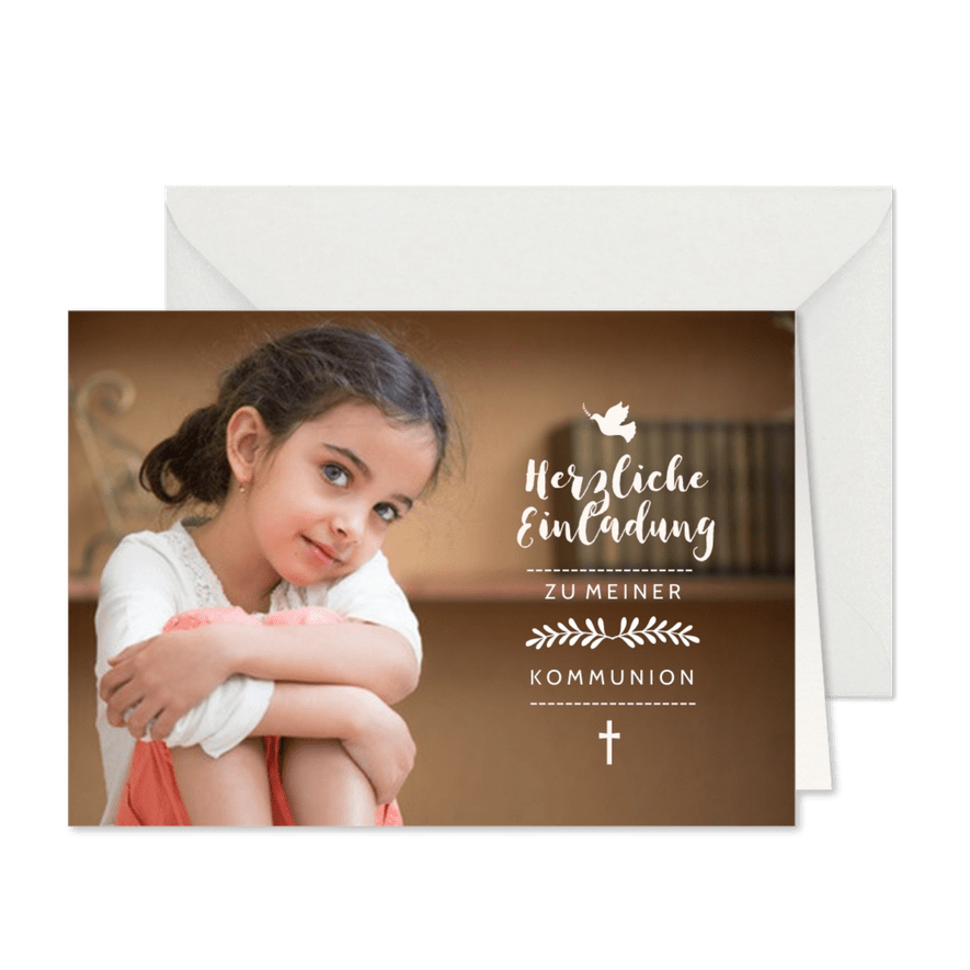 Einladung Kommunion Mädchen großes Foto und Symbole - Karteneindruck