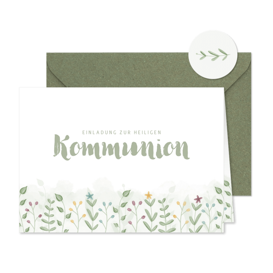 Einladung Kommunion mit illustrierten Zweigen und Blumen - Karteneindruck