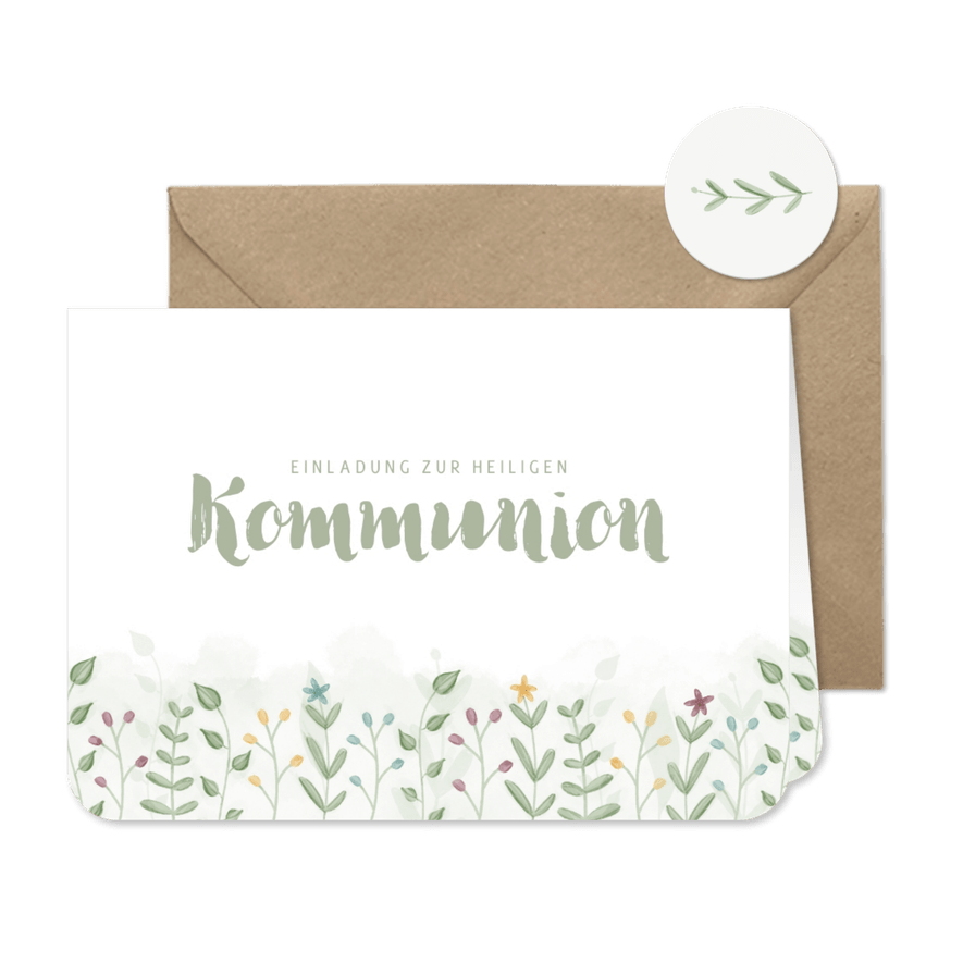 Einladung Kommunion mit illustrierten Zweigen und Blumen - Karteneindruck
