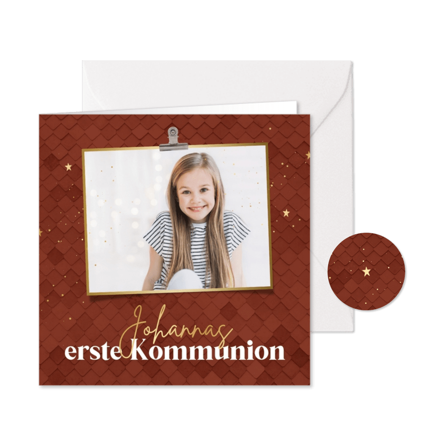 Einladung Kommunion rostbraun, Foto & Gold - Karteneindruck
