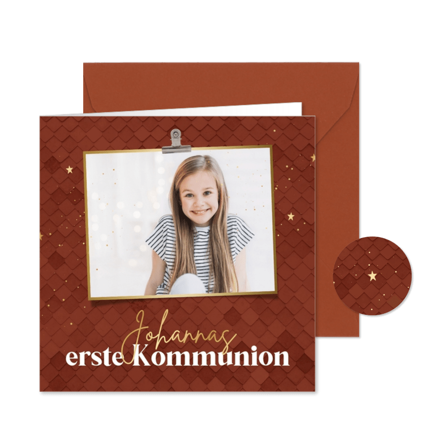 Einladung Kommunion rostbraun, Foto & Gold - Kartenvorschau
