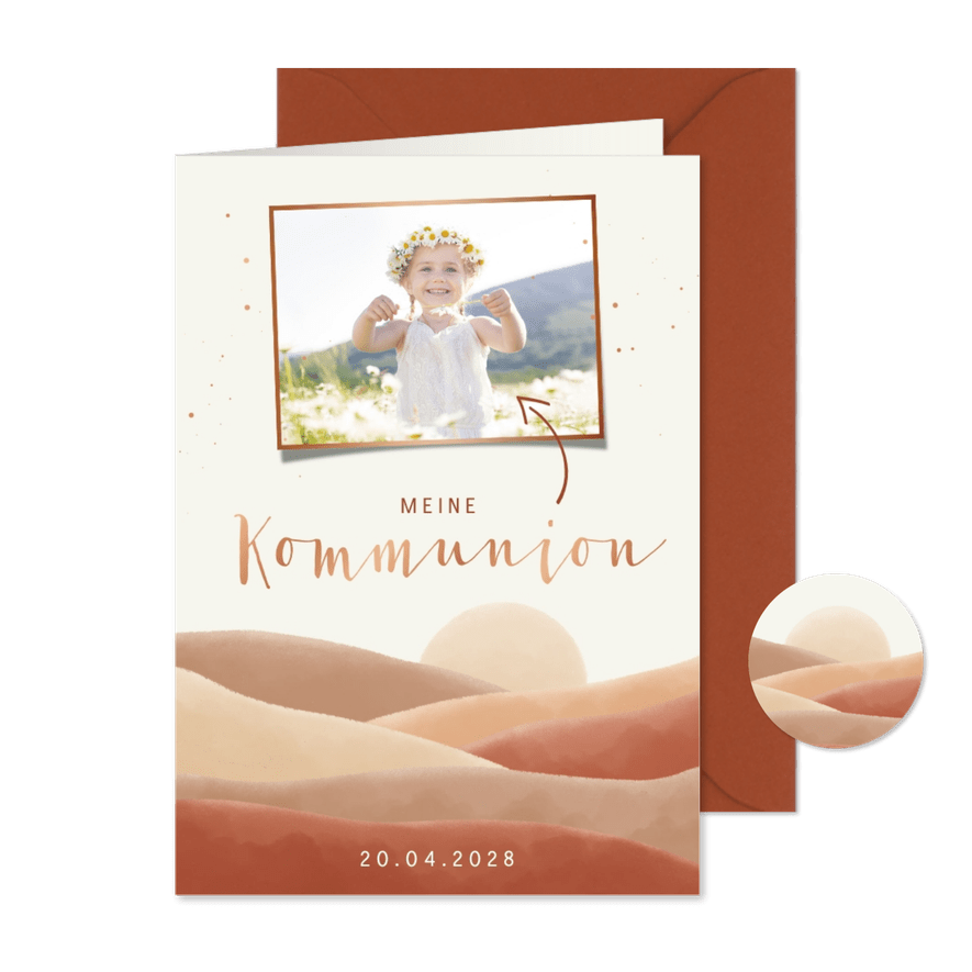 Einladung Kommunion Sonne, Wellenlandschaft & Kupfer - Karteneindruck