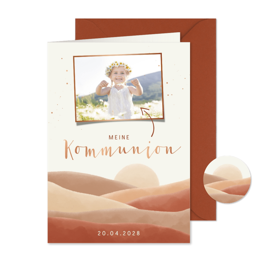 Einladung Kommunion Sonne, Wellenlandschaft & Kupfer - Karteneindruck