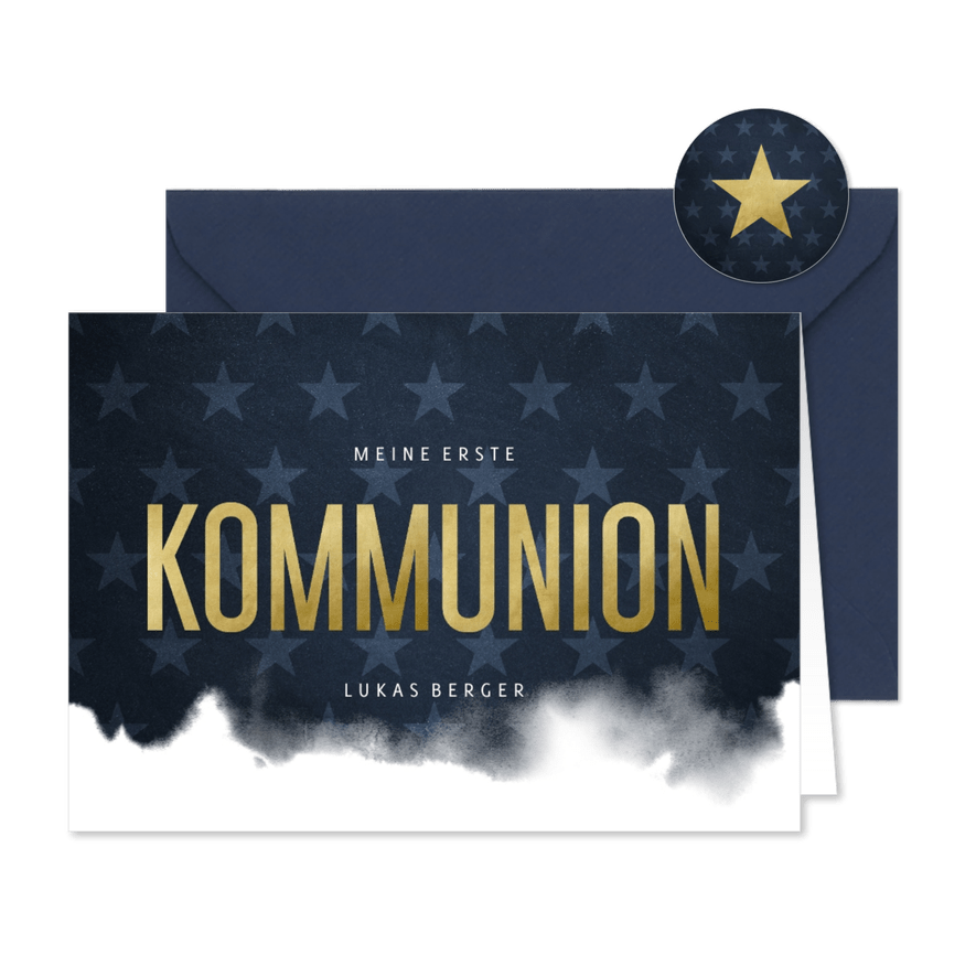 Einladung Kommunion Wasserfarbe und Sterne - Karteneindruck
