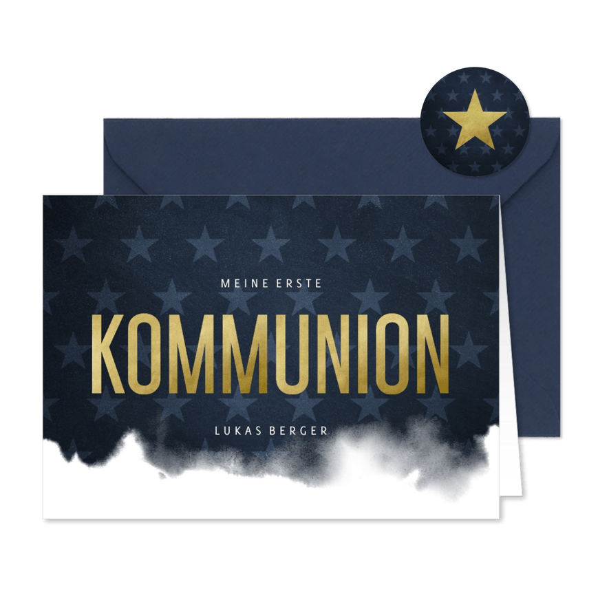 Einladung Kommunion Wasserfarbe und Sterne - Karteneindruck