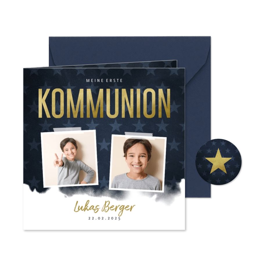 Einladung Kommunion zwei Fotos, Wasserfarbe und Sterne - Karteneindruck
