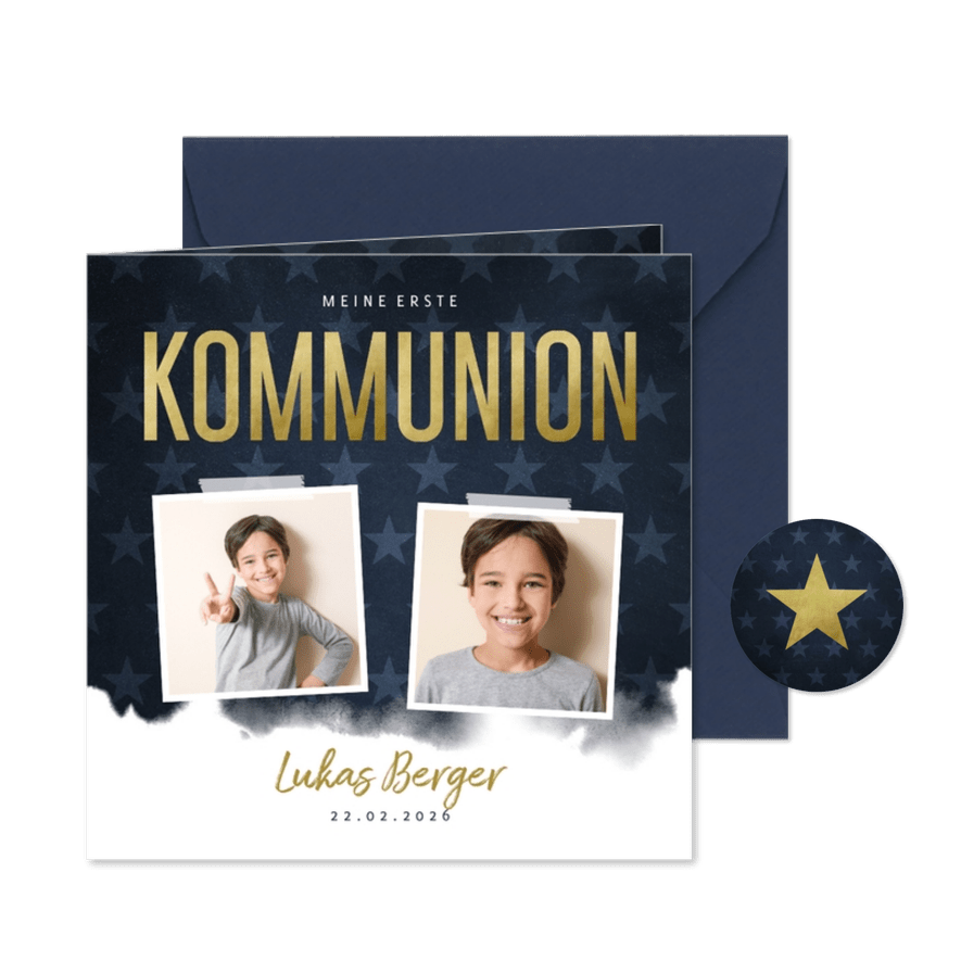 Einladung Kommunion zwei Fotos, Wasserfarbe und Sterne - Karteneindruck