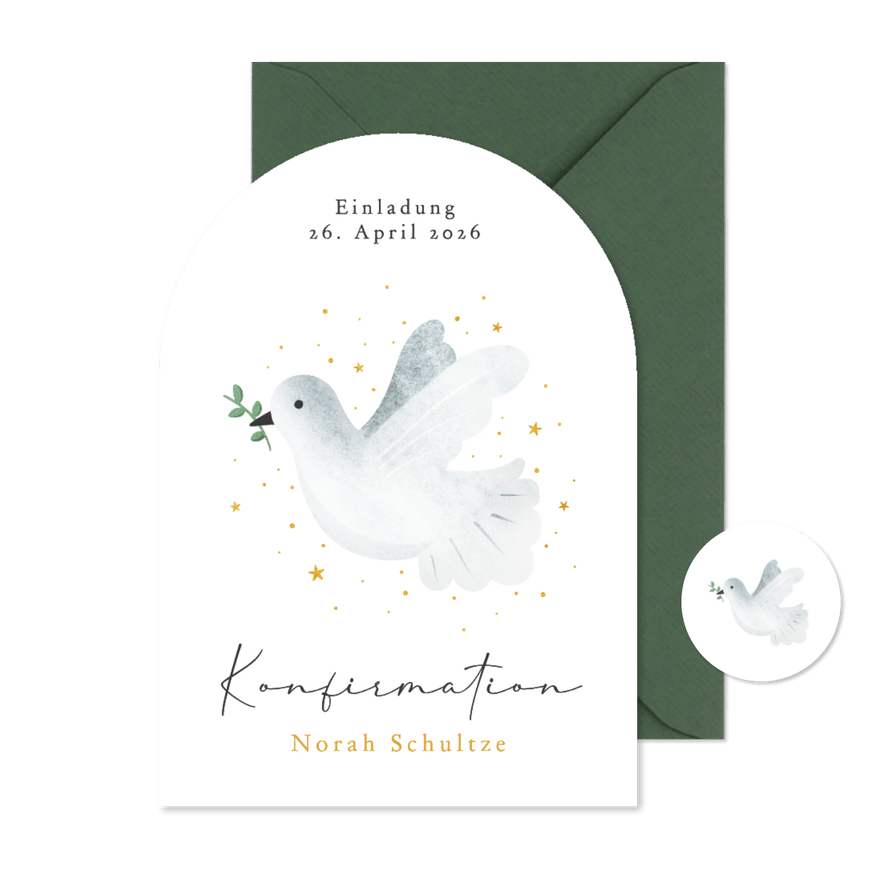 Einladung Konfirmation Bogenform Taube mit Zweig - Karteneindruck
