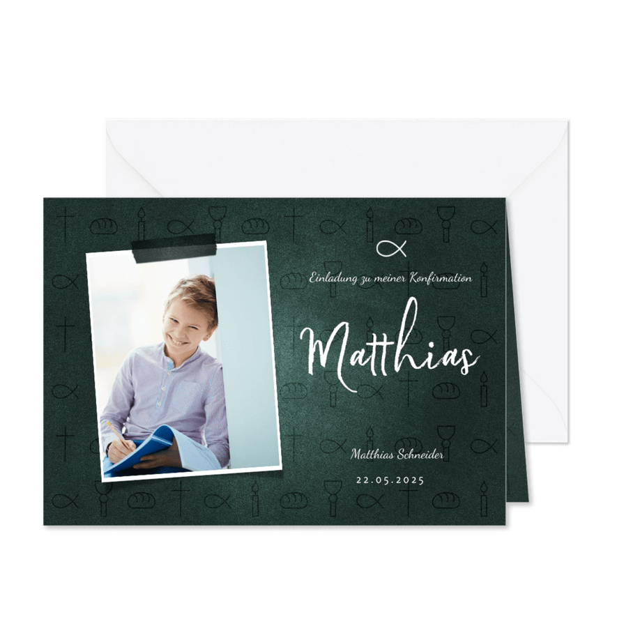 Einladung Konfirmation dunkelgrün Foto & kleine Symbole - Karteneindruck