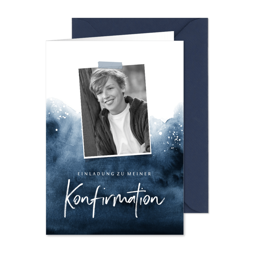 Einladung Konfirmation Foto Aquarell dunkelblau - Karteneindruck